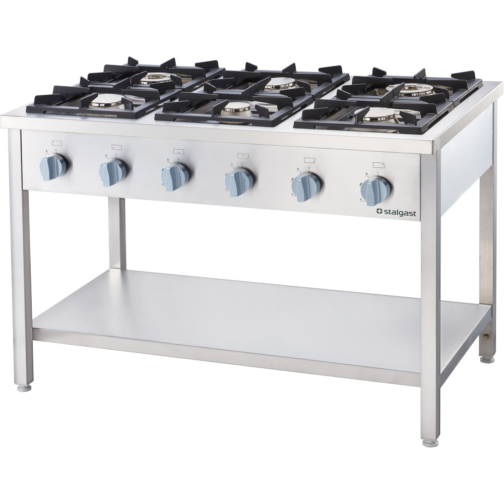 Stalgast Edelstahl Gasherd Serie 700, 6-Brenner (3,5+2x5+2x7+9), G30, 1200x700x850 mm (BxTxH), Selbs
