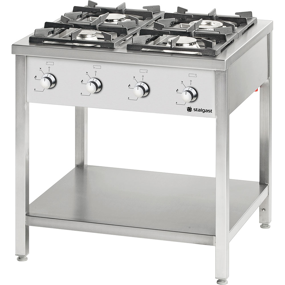Stalgast Edelstahl Gasherd Serie 900, 4-Brenner (3,5+2x5+7), 20,5 kW, G20, 900x900x850 mm (BxTxH)