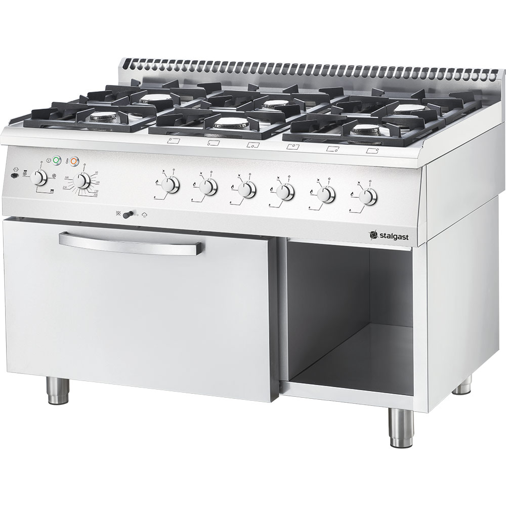 Stalgast Edelstahl Gasherd Basic mit 6 Brennern (3x3,5+3x5), Elektro-Umluft-Backofen GN1/1 und Regal