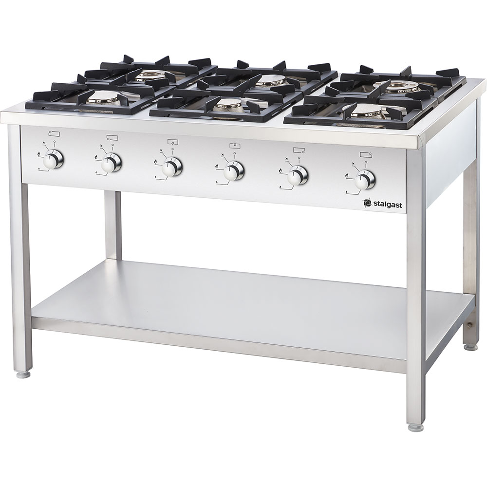 Stalgast Edelstahl Gasherd Serie 700, 6-Brenner (3,5+2x5+2x7+9), G20, 1200x700x850 mm (BxTxH)
