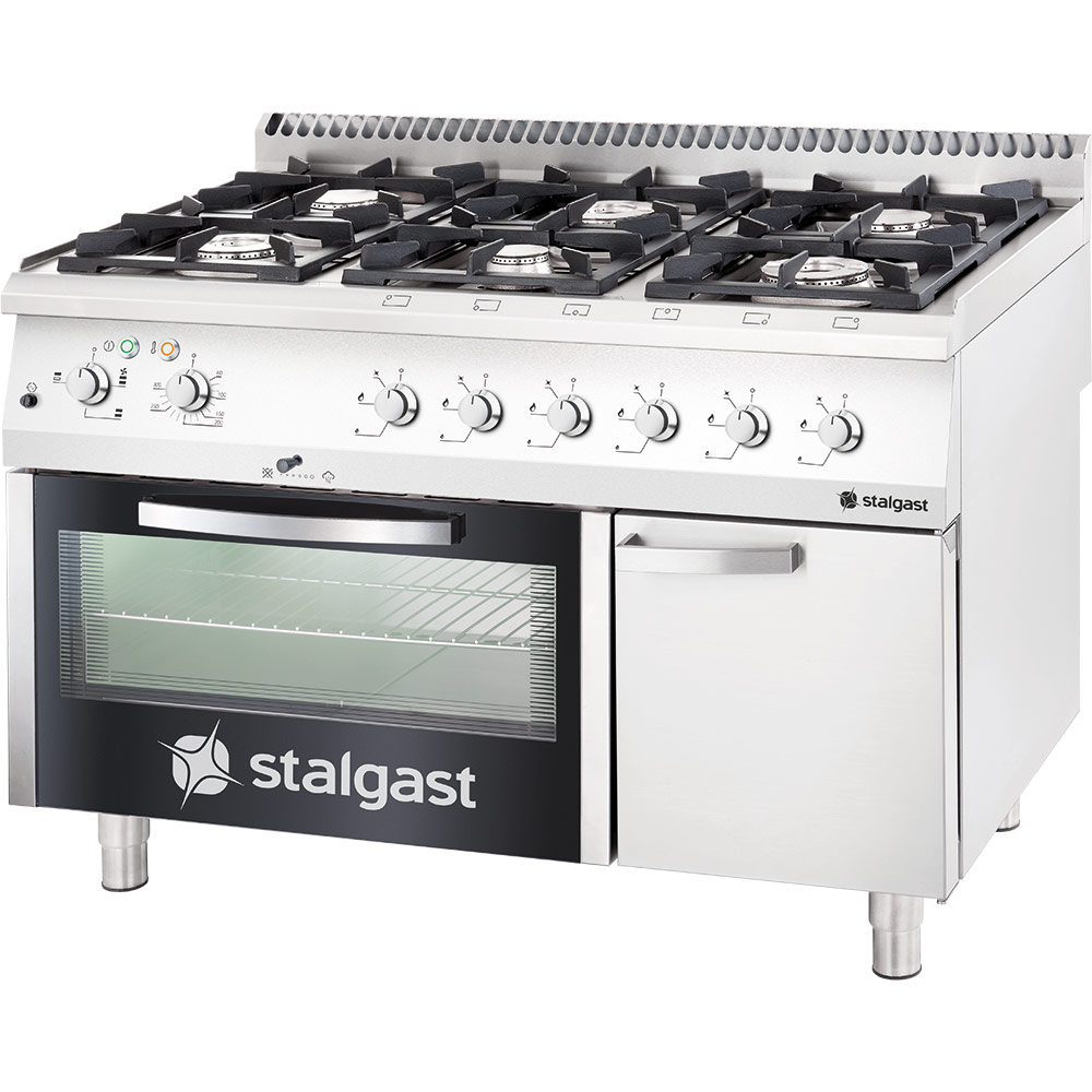 Stalgast Edelstahl Gasherd mit 6 Brennern (3,5+2x5+2x7+9), Elektro-Umluft-Backofen GN1/1 und Untersc