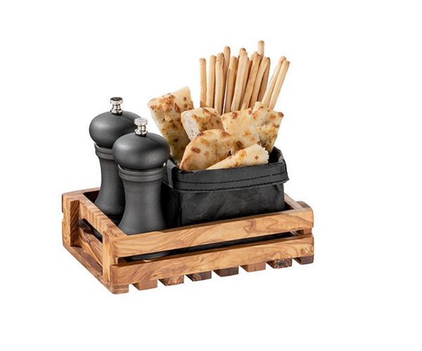 Table Caddy Holz mit Brotkorb und Salz- & Pfeffermühle